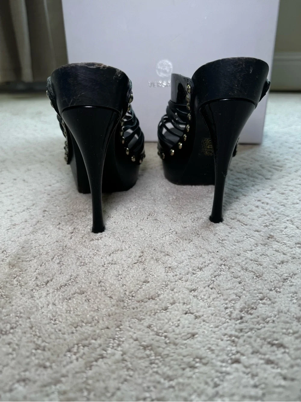 Versace Black Patent Leather and Wooden Platform Medusa Sandals Size 36